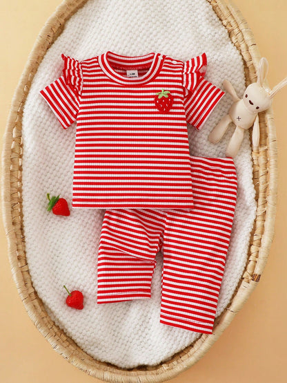 Summer Two Pieces Set For Newborn Baby Girls: Light Yellow Knitted Striped Round-Neck Ruffle T-Shirt With Floral Embroidery And Short Sleeves + Long Pants Casual, Comfortable, Cute, And Sweet