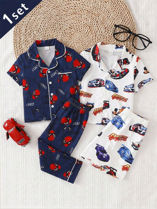 Summer Young Boy Casual Home Pajamas Cool Cute Print Navy Blue Soft Comfortable Flame Retardant Milk Silk Lapel Cardigan Short Sleeve Long Pants 2 Pieces Set Loungewear