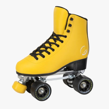 Yellow roller skate with black laces on a white background