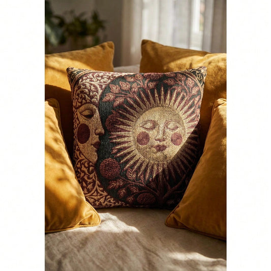 Sun And Moon Whimsigoth Woven Celestial Pillow, Dark Cottagecore Decor, Maximalist Tarot Room Accent,Single-Sided Design,Pillow Insert Not Included,Faux Linen Material; Suitable For Autumn Home And Do