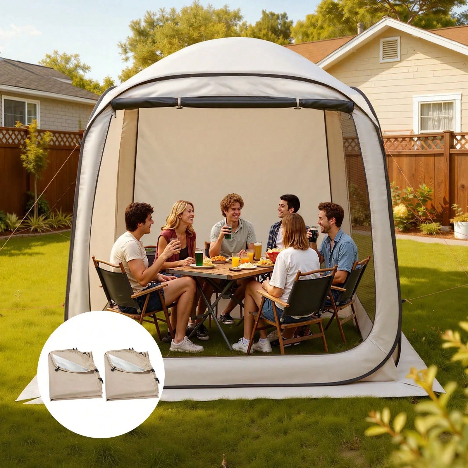 Sun Shade Sail Canopy Covers, Fit For 6 X 6 Ft Screen House Tent, Sun Protection, 5.51 X 5.71 Ft 300D Oxford Silver-Coated Fabric, Pack Of 2 (Not Include Tent), For Outdoor Activities, Beige