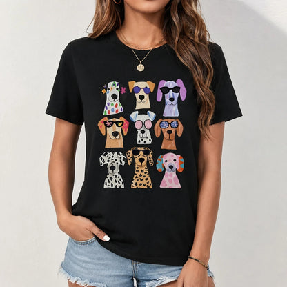 Sunglasses-Wearing Dog Print| Collection Of Adorable Dog Portraits With Colorful Patterns| Youthful, Casual Crew Neck Short Sleeve Top| Cute
