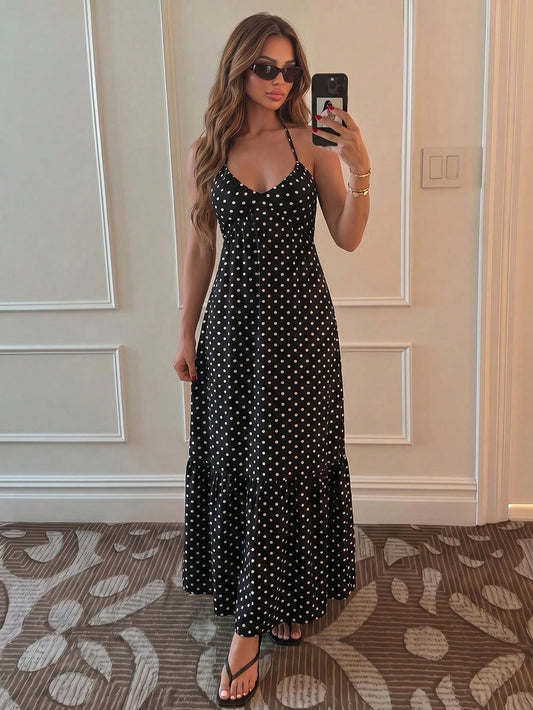 Sunnyshic Petite V-Neck Polka Dot Print Halter Backless A-Line Ruffle Hem Maxi Dress, Suitable For Petite Women, Summer, Beach, Vacation, Date, Everyday Wear