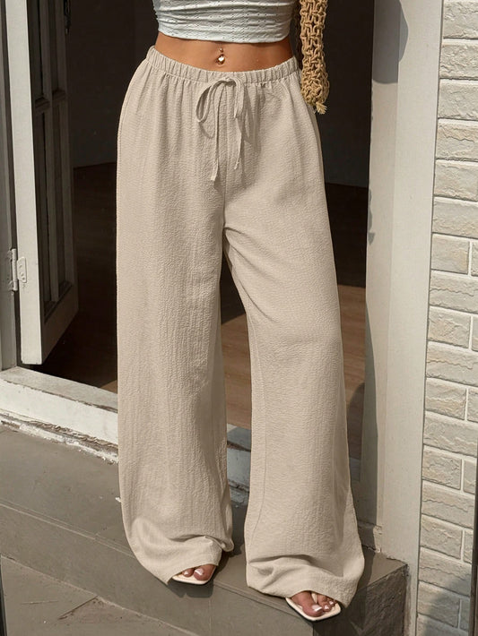 Sunnyshic Women's Casual Vacation Travel Tie-Up Straight Leg Pants, Yellow, Versatile, Slimming, Textured Woven, Spring/Summer