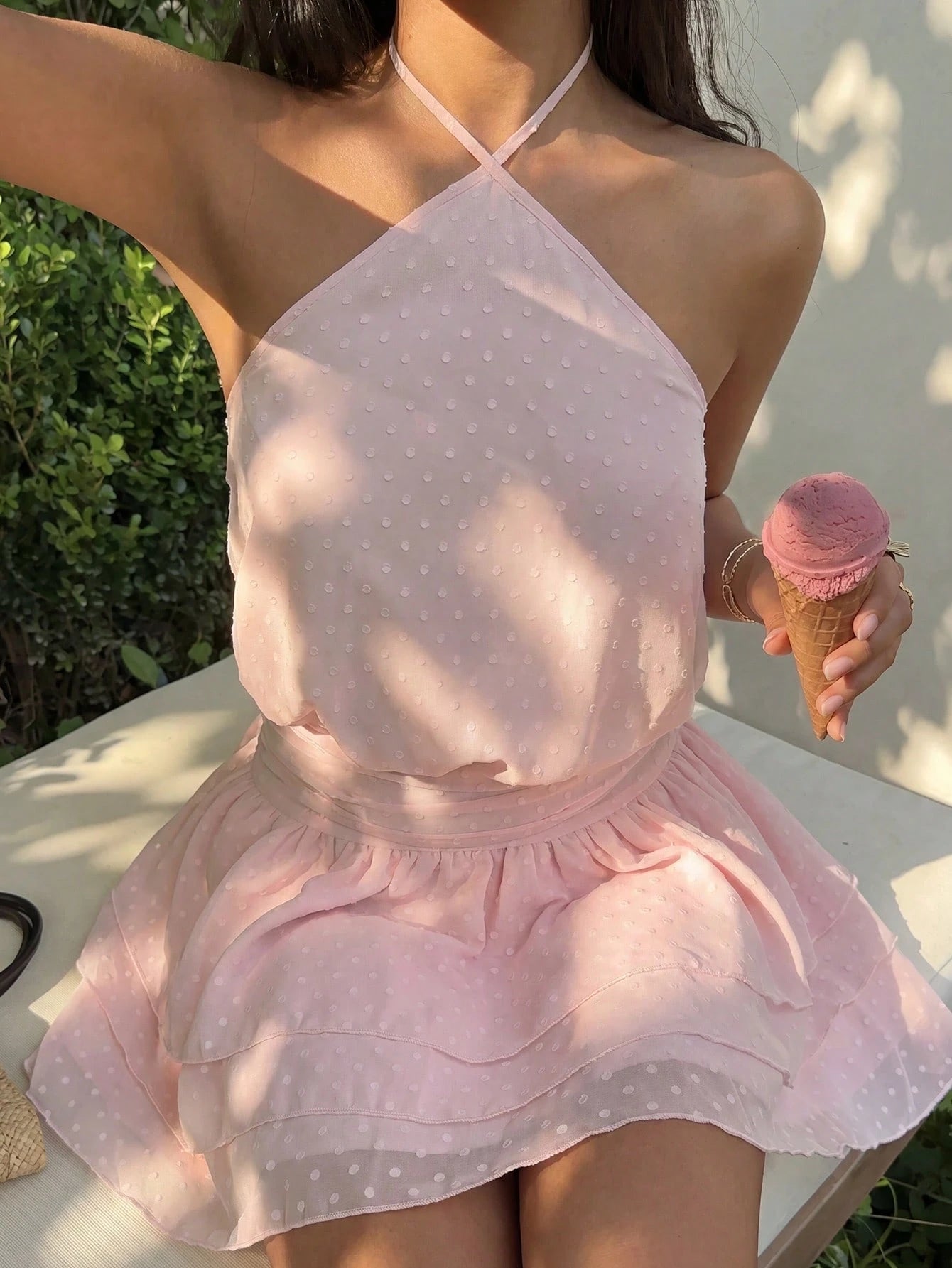 Sunnyshic Women's Spring/Summer Vacation Style Bow Tie Lace-Up Polka Dot Cutout Patchwork Ruffle Backless Elegant Slimming Fitted Beach Dress