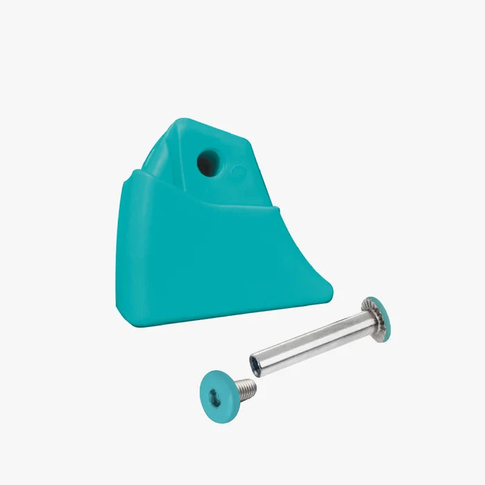 Turquoise plastic bracket with a metal rod and screws on a white background