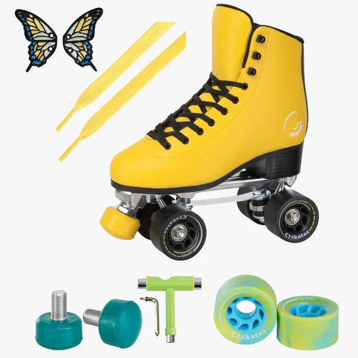 Yellow roller skate with accessories on a white background