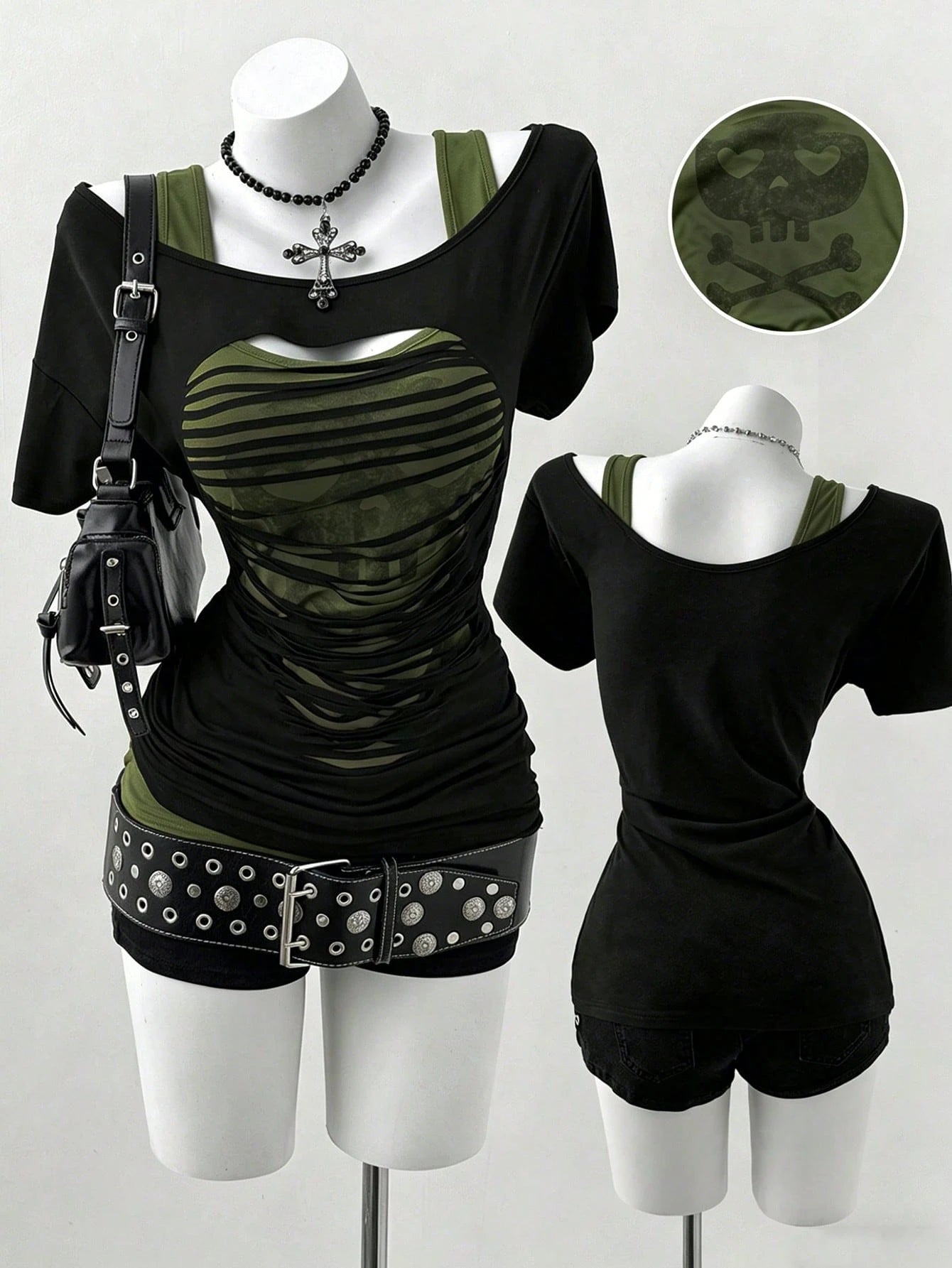 Sunspun Plus Size Oblique Shoulder 2 In 1 Skull Print Contrast Color Long Sleeve T-Shirt