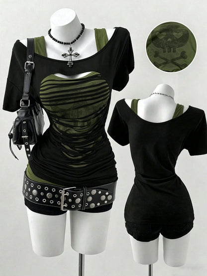 Sunspun Plus Size Oblique Shoulder 2 In 1 Skull Print Contrast Color Long Sleeve T-Shirt