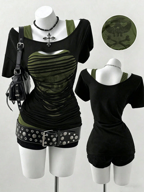 Sunspun Plus Size Oblique Shoulder 2 In 1 Skull Print Contrast Color Long Sleeve T-Shirt