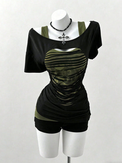 Sunspun Plus Size Oblique Shoulder 2 In 1 Skull Print Contrast Color Long Sleeve T-Shirt