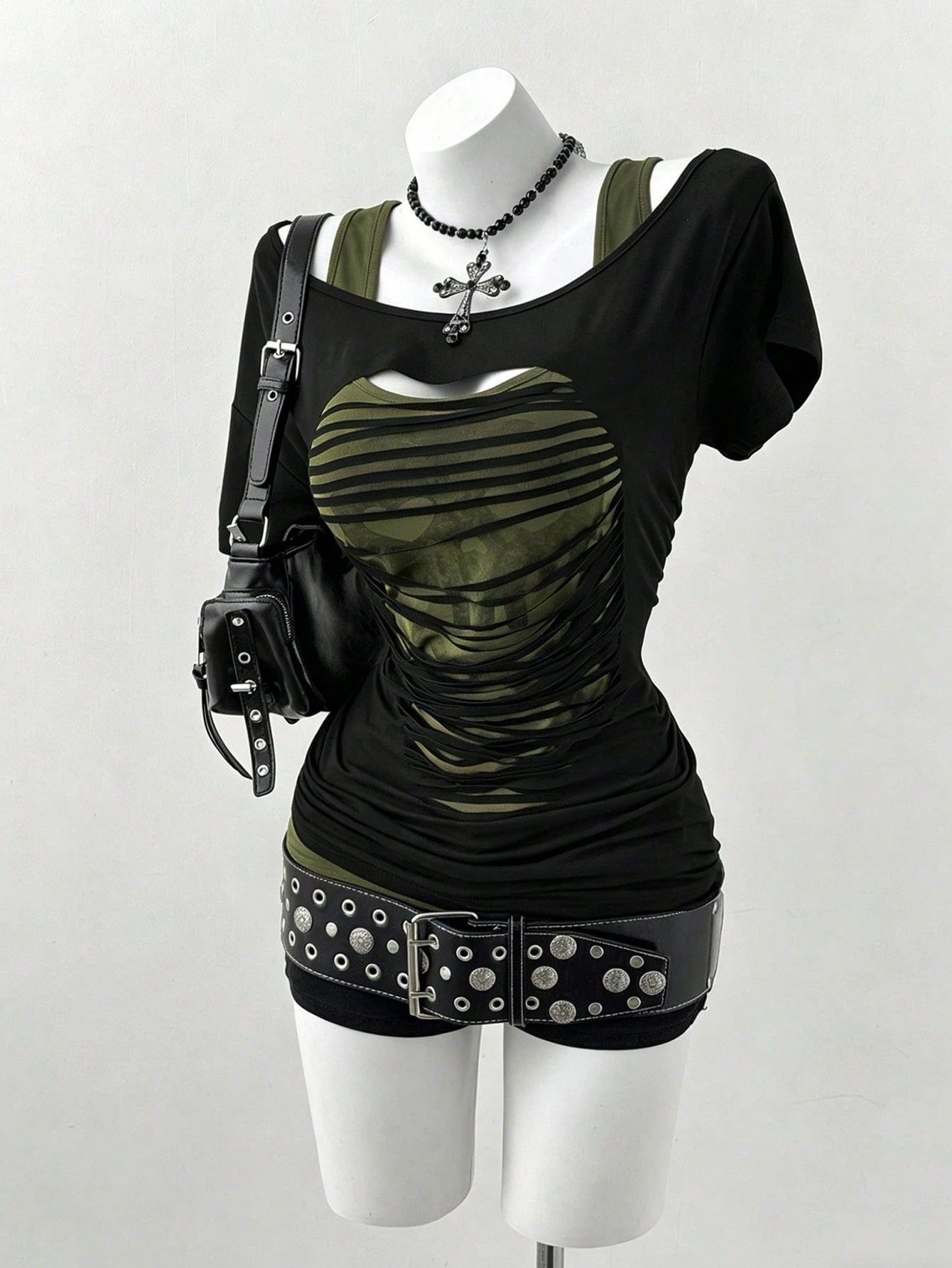 Sunspun Plus Size Oblique Shoulder 2 In 1 Skull Print Contrast Color Long Sleeve T-Shirt