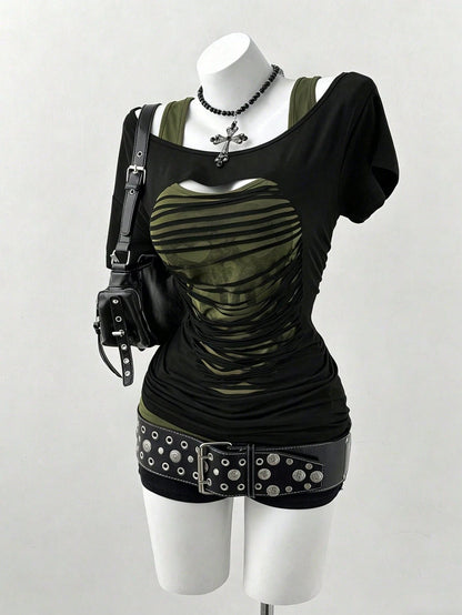 Sunspun Plus Size Oblique Shoulder 2 In 1 Skull Print Contrast Color Long Sleeve T-Shirt