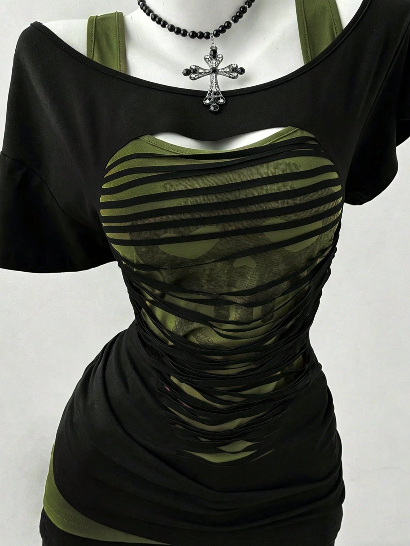 Sunspun Plus Size Oblique Shoulder 2 In 1 Skull Print Contrast Color Long Sleeve T-Shirt