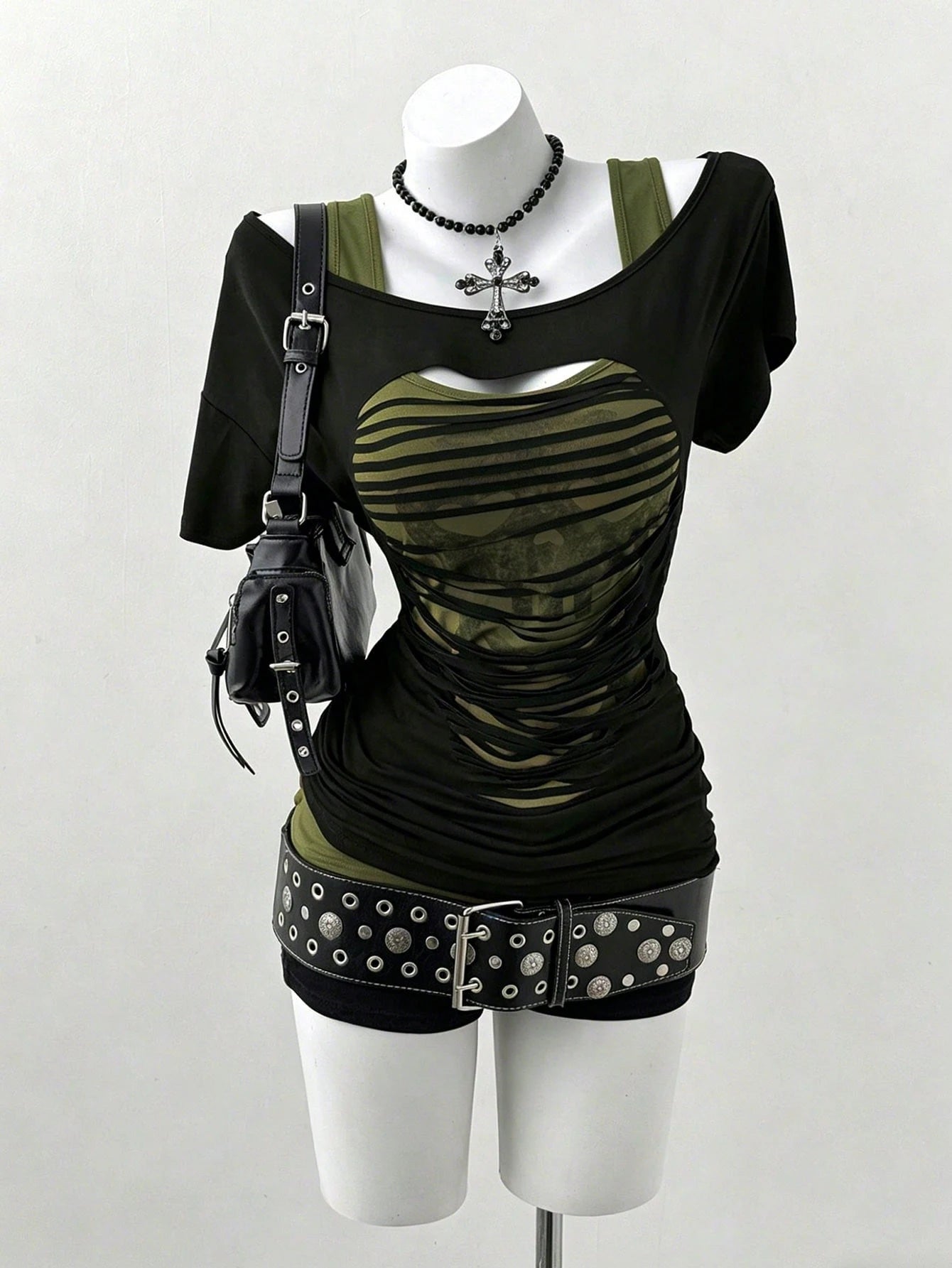 Sunspun Plus Size Oblique Shoulder 2 In 1 Skull Print Contrast Color Long Sleeve T-Shirt