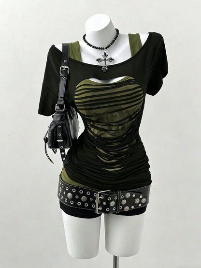 Sunspun Plus Size Oblique Shoulder 2 In 1 Skull Print Contrast Color Long Sleeve T-Shirt