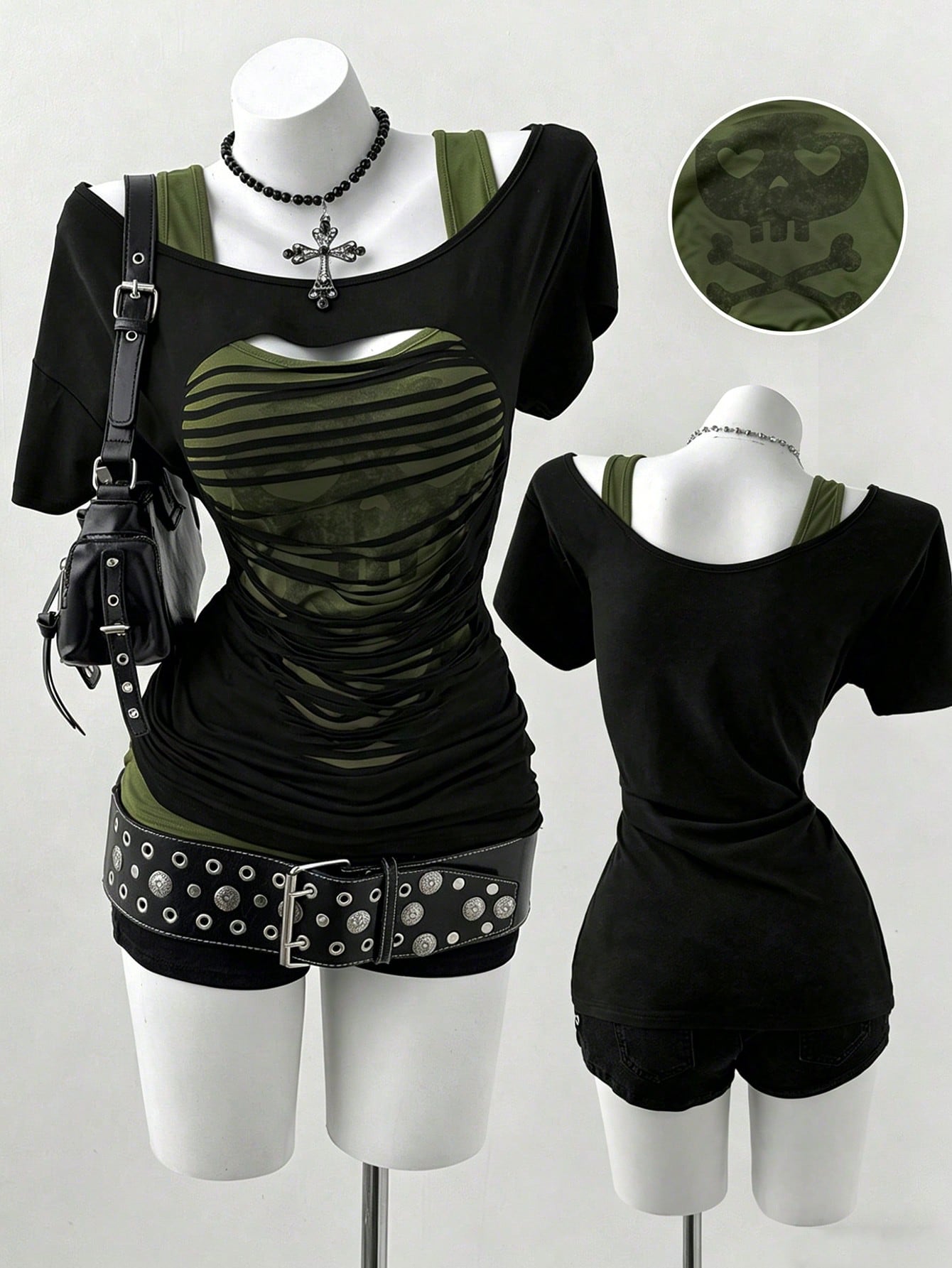 Sunspun Plus Size Oblique Shoulder 2 In 1 Skull Print Contrast Color Long Sleeve T-Shirt