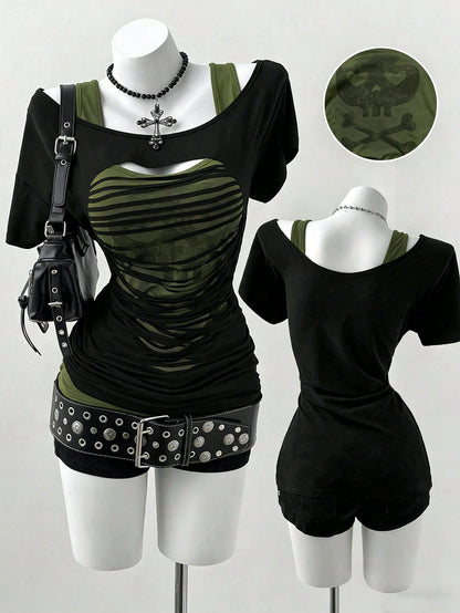 Sunspun Plus Size Oblique Shoulder 2 In 1 Skull Print Contrast Color Long Sleeve T-Shirt