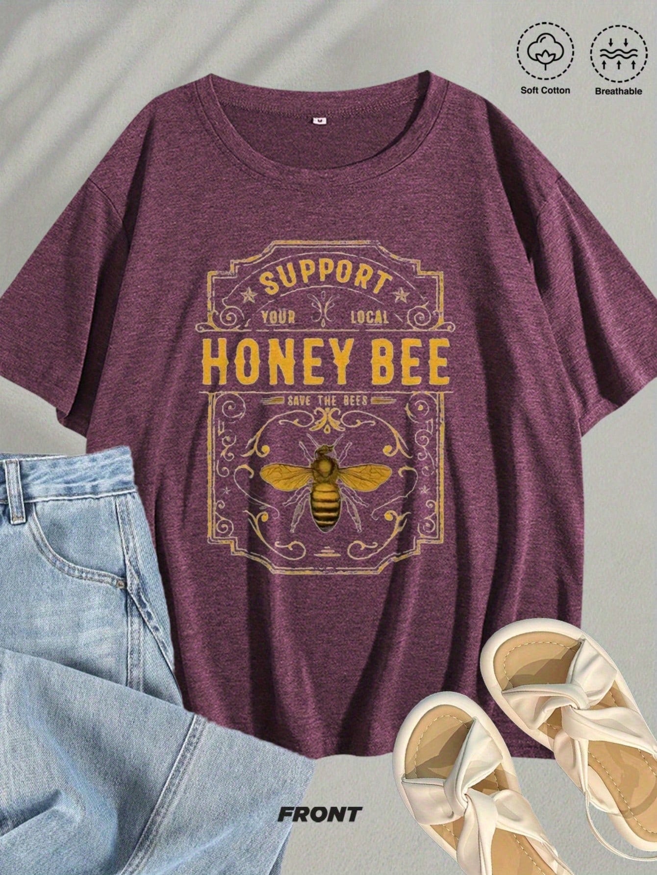 "Support Local Beekeepers" Vintage Bee & Hive Print Tee| Soft Blended Crewneck For Nature Lovers, Casual Summer & Beekeeping Events