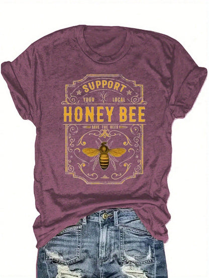"Support Local Beekeepers" Vintage Bee & Hive Print Tee| Soft Blended Crewneck For Nature Lovers, Casual Summer & Beekeeping Events