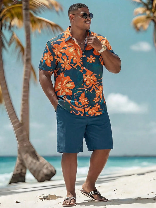 Surfspeed Plus Size Men's Light Blue Floral Summer Boho Holiday Vacation Hawaiian Shirt Outfit Colorful Print Short Sleeve Top And Solid Color Shorts Beach