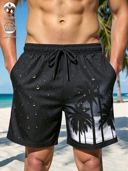 Surfspeed Plus Size Men's Palm Tree Black Hawaiian Swim Trunks,Elastic Waist Drawstring Casual Pocket Beach Shorts For Summer Holiday Vacation Holiday,Versatile