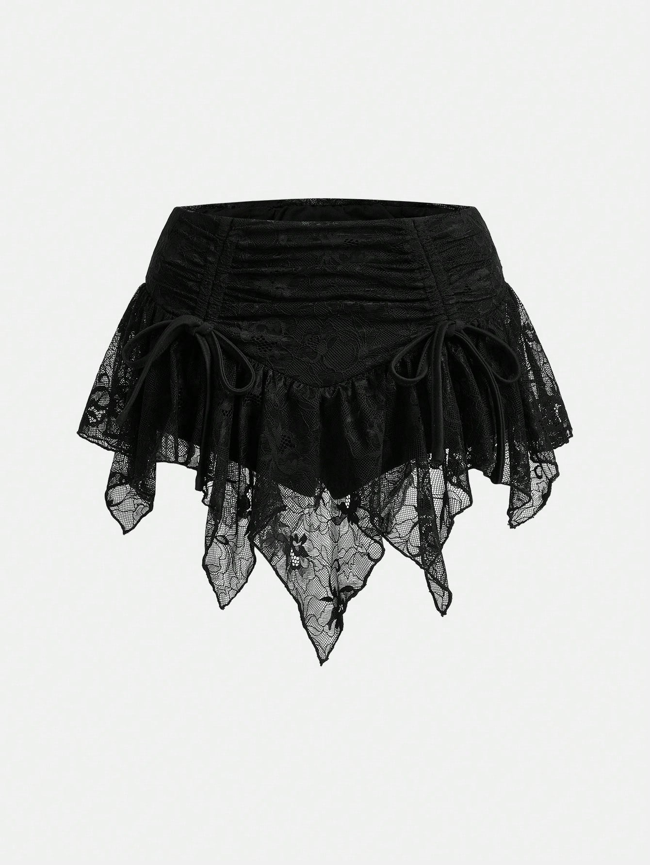 Sweetina Boho Vacation Summer For Women Country Concert Lace Asymmetrical Hem Mini Skirt With Low Waist, Drawstring And Ruched Hem