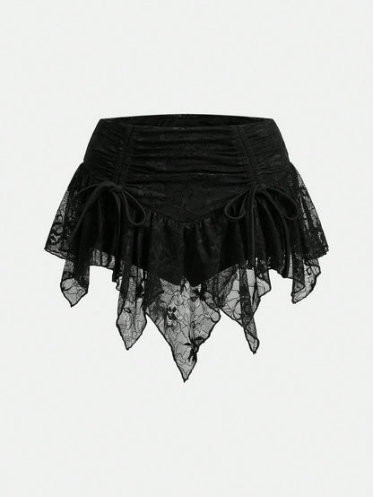Sweetina Boho Vacation Summer For Women Country Concert Lace Asymmetrical Hem Mini Skirt With Low Waist, Drawstring And Ruched Hem