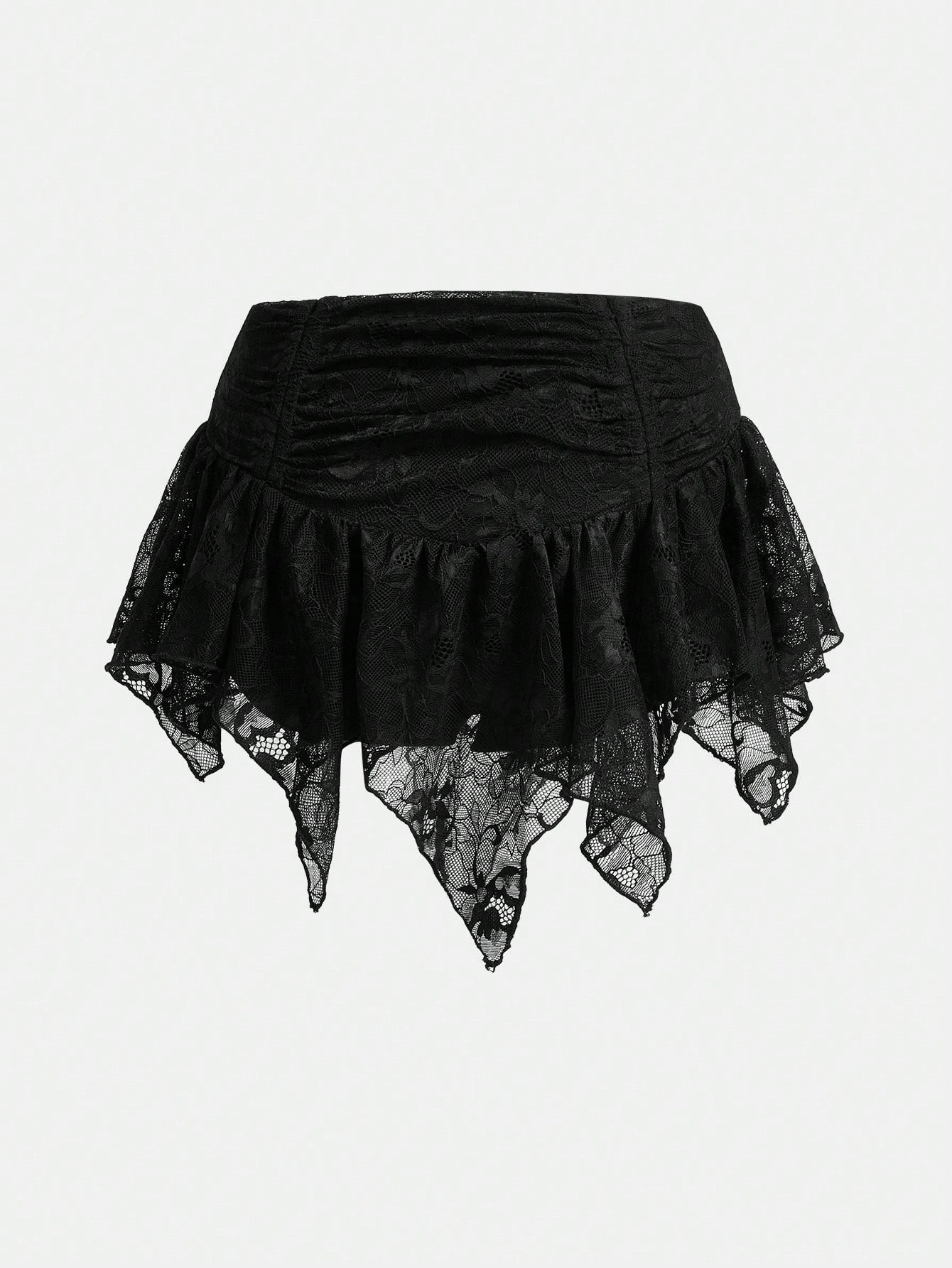 Sweetina Boho Vacation Summer For Women Country Concert Lace Asymmetrical Hem Mini Skirt With Low Waist, Drawstring And Ruched Hem