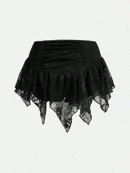 Sweetina Boho Vacation Summer For Women Country Concert Lace Asymmetrical Hem Mini Skirt With Low Waist, Drawstring And Ruched Hem
