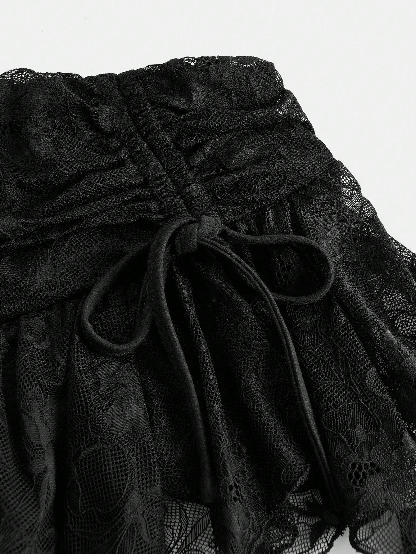 Sweetina Boho Vacation Summer For Women Country Concert Lace Asymmetrical Hem Mini Skirt With Low Waist, Drawstring And Ruched Hem