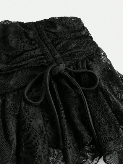 Sweetina Boho Vacation Summer For Women Country Concert Lace Asymmetrical Hem Mini Skirt With Low Waist, Drawstring And Ruched Hem