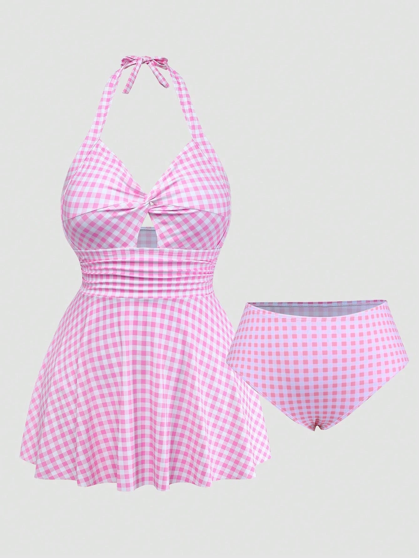 Sweetra 2026 New Sweet Plaid Plus Size Women's Halter Neck Knot Design Swim Dress With Swim Shorts Beach Summer