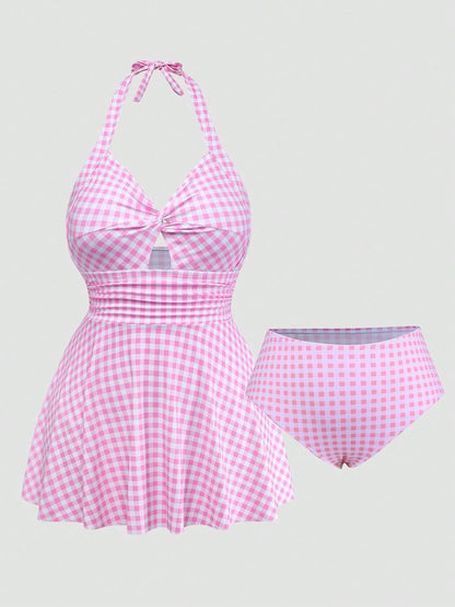 Sweetra 2026 New Sweet Plaid Plus Size Women's Halter Neck Knot Design Swim Dress With Swim Shorts Beach Summer
