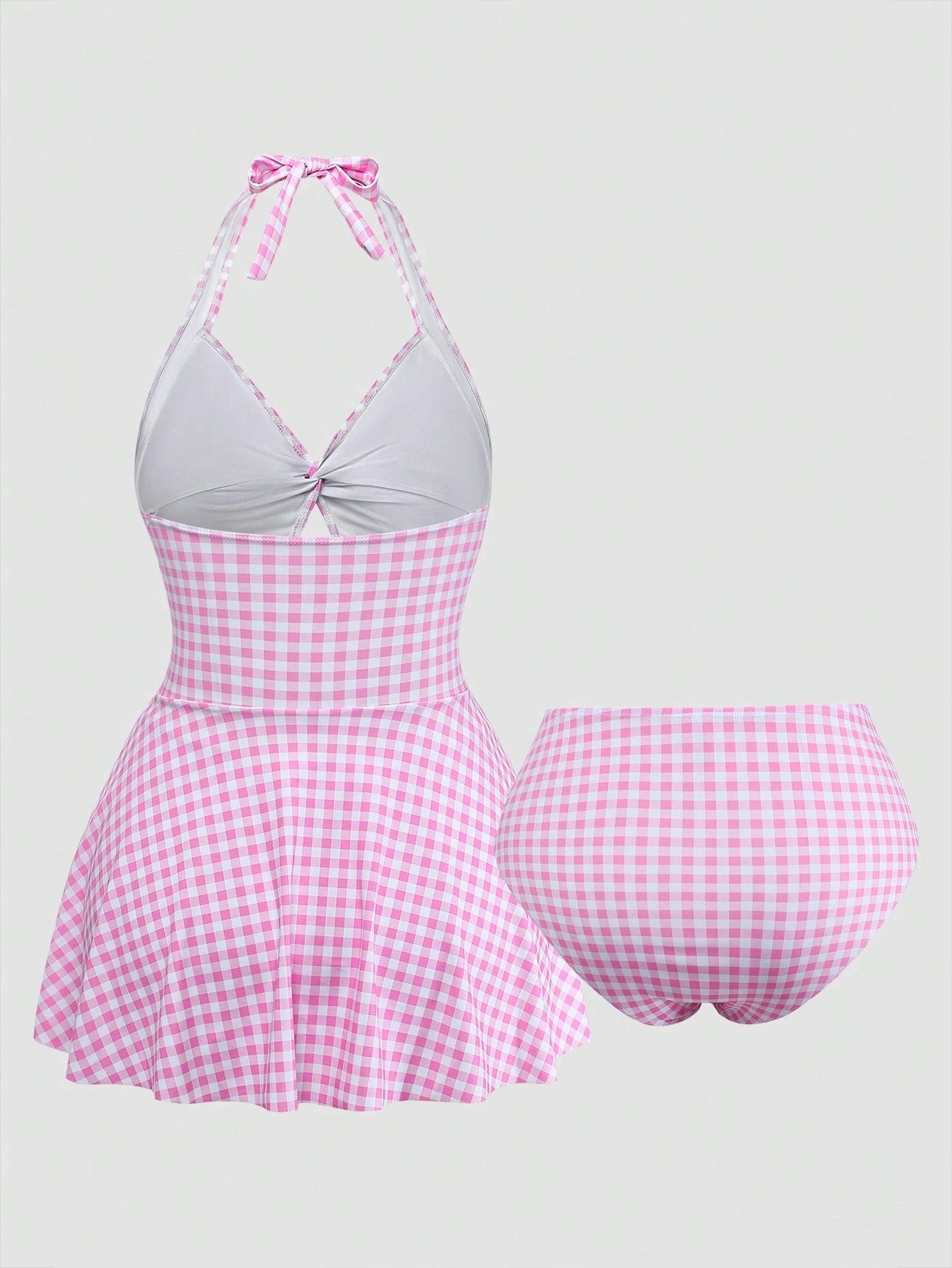 Sweetra 2026 New Sweet Plaid Plus Size Women's Halter Neck Knot Design Swim Dress With Swim Shorts Beach Summer