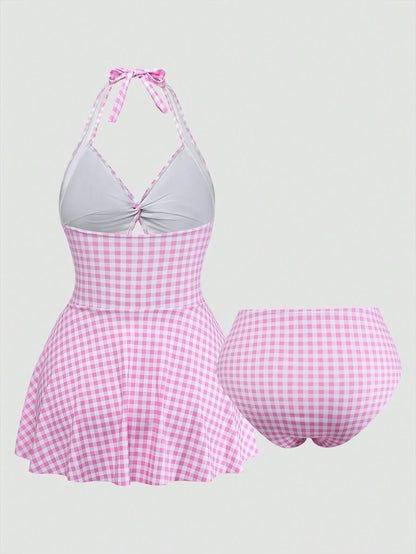 Sweetra 2026 New Sweet Plaid Plus Size Women's Halter Neck Knot Design Swim Dress With Swim Shorts Beach Summer