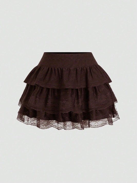 Sweetra Black Jacquard Textured Fabric Contrast Lace Slim Y2K Multi-Layer A-Line Peplum Skirt