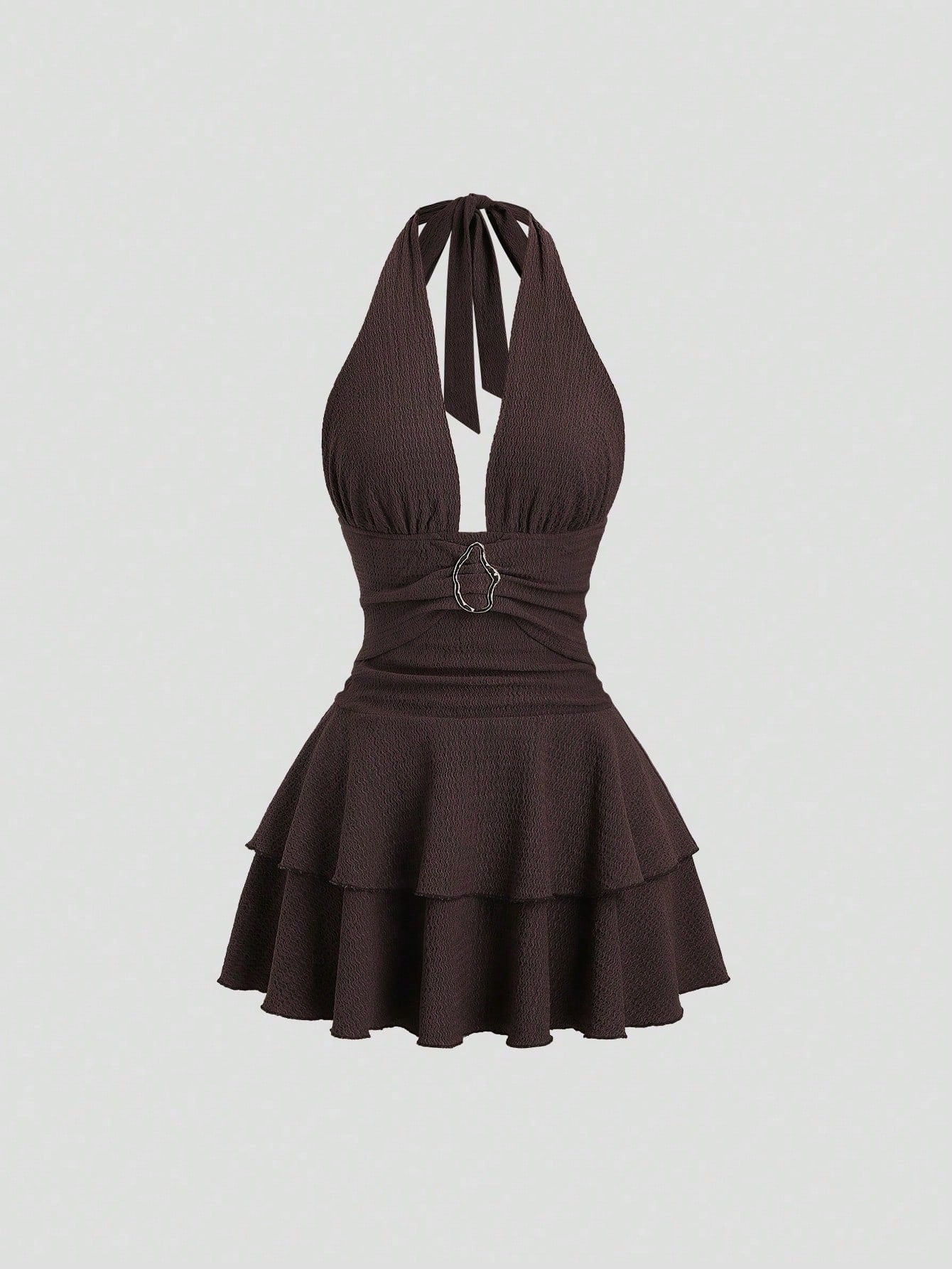 Sweetra Elegant Textured Brown Metal Buckle Decor Halter Neck Ruffle Hem Short Dress, Suitable For New Year Party