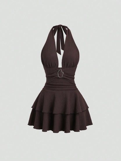 Sweetra Elegant Textured Brown Metal Buckle Decor Halter Neck Ruffle Hem Short Dress, Suitable For New Year Party