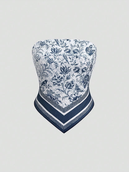 Sweetra French Retro Navy Blue Printed Bandana Sexy Scarf Triangle Scarf, Women Top