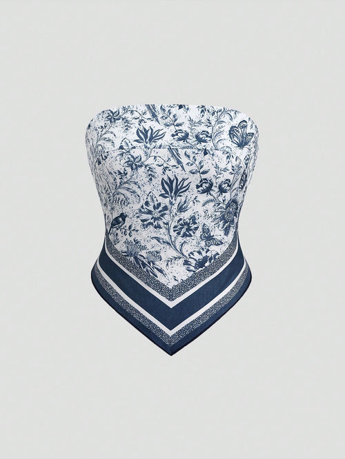 Sweetra French Retro Navy Blue Printed Bandana Sexy Scarf Triangle Scarf, Women Top