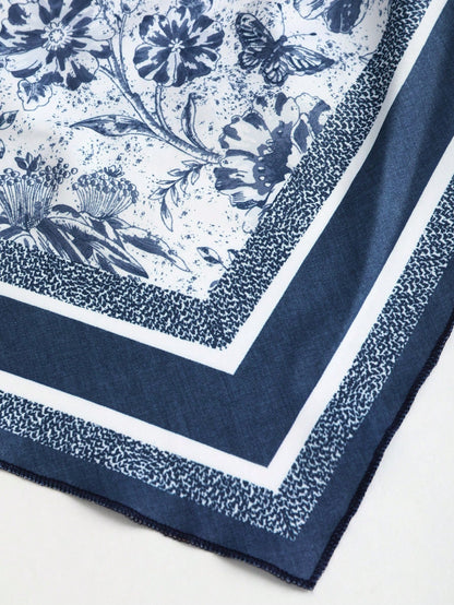 Sweetra French Retro Navy Blue Printed Bandana Sexy Scarf Triangle Scarf, Women Top