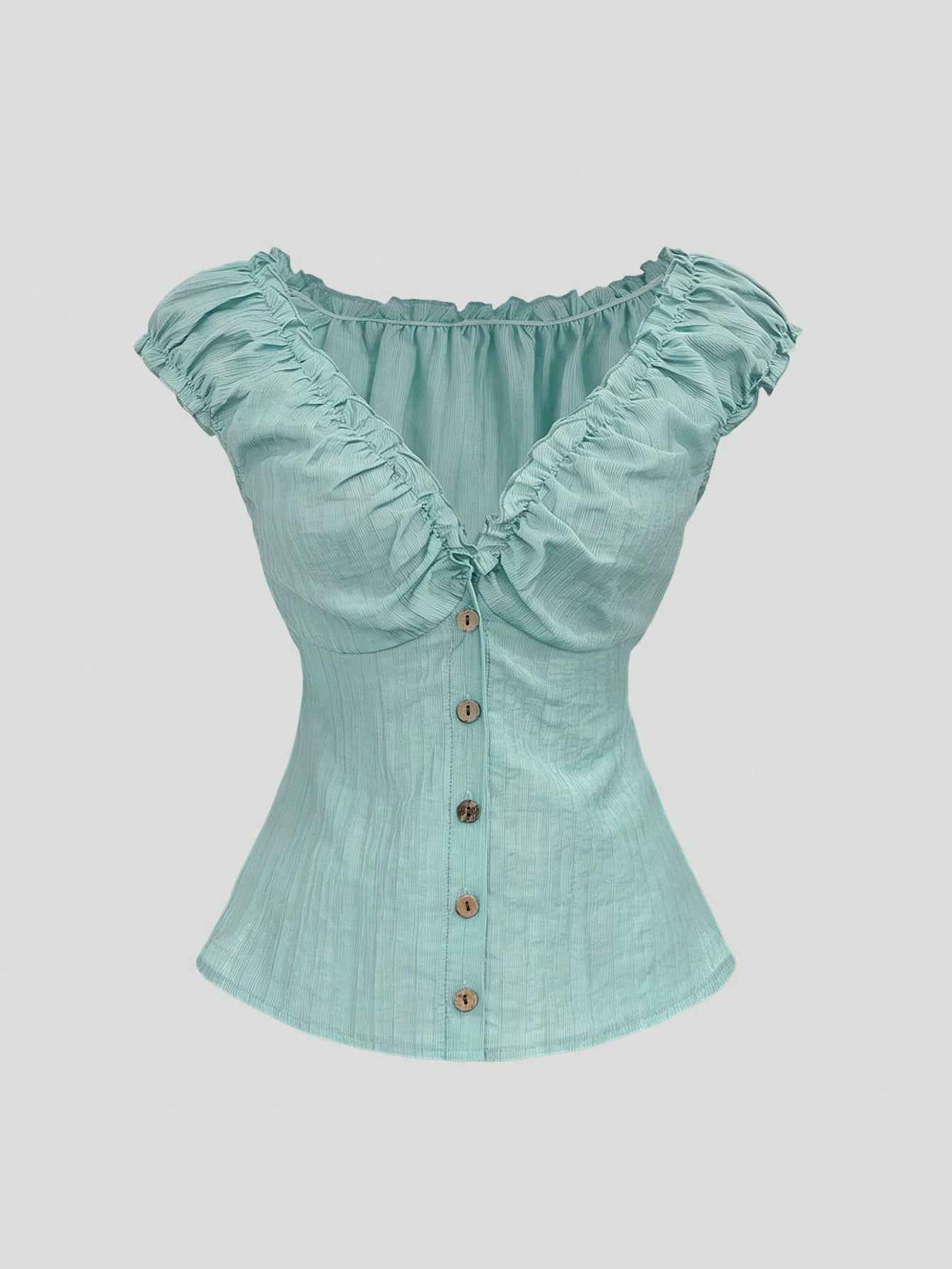 Sweetra Mint Green Women's Summer Boho Elegant Holiday Vacation Holiday French Retro Stripe Textured Ruffle Splice Wooden Button Petal Sleeve Short Shirt
