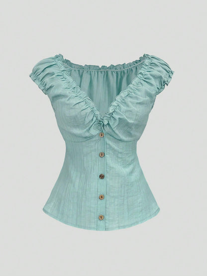 Sweetra Mint Green Women's Summer Boho Elegant Holiday Vacation Holiday French Retro Stripe Textured Ruffle Splice Wooden Button Petal Sleeve Short Shirt