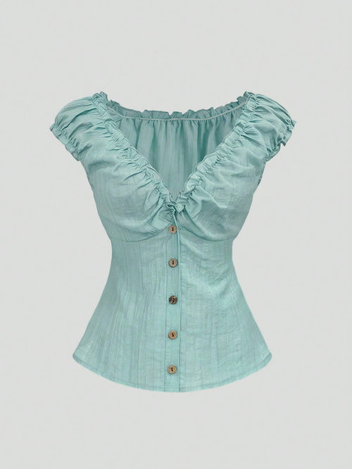 Sweetra Mint Green Women's Summer Boho Elegant Holiday Vacation Holiday French Retro Stripe Textured Ruffle Splice Wooden Button Petal Sleeve Short Shirt