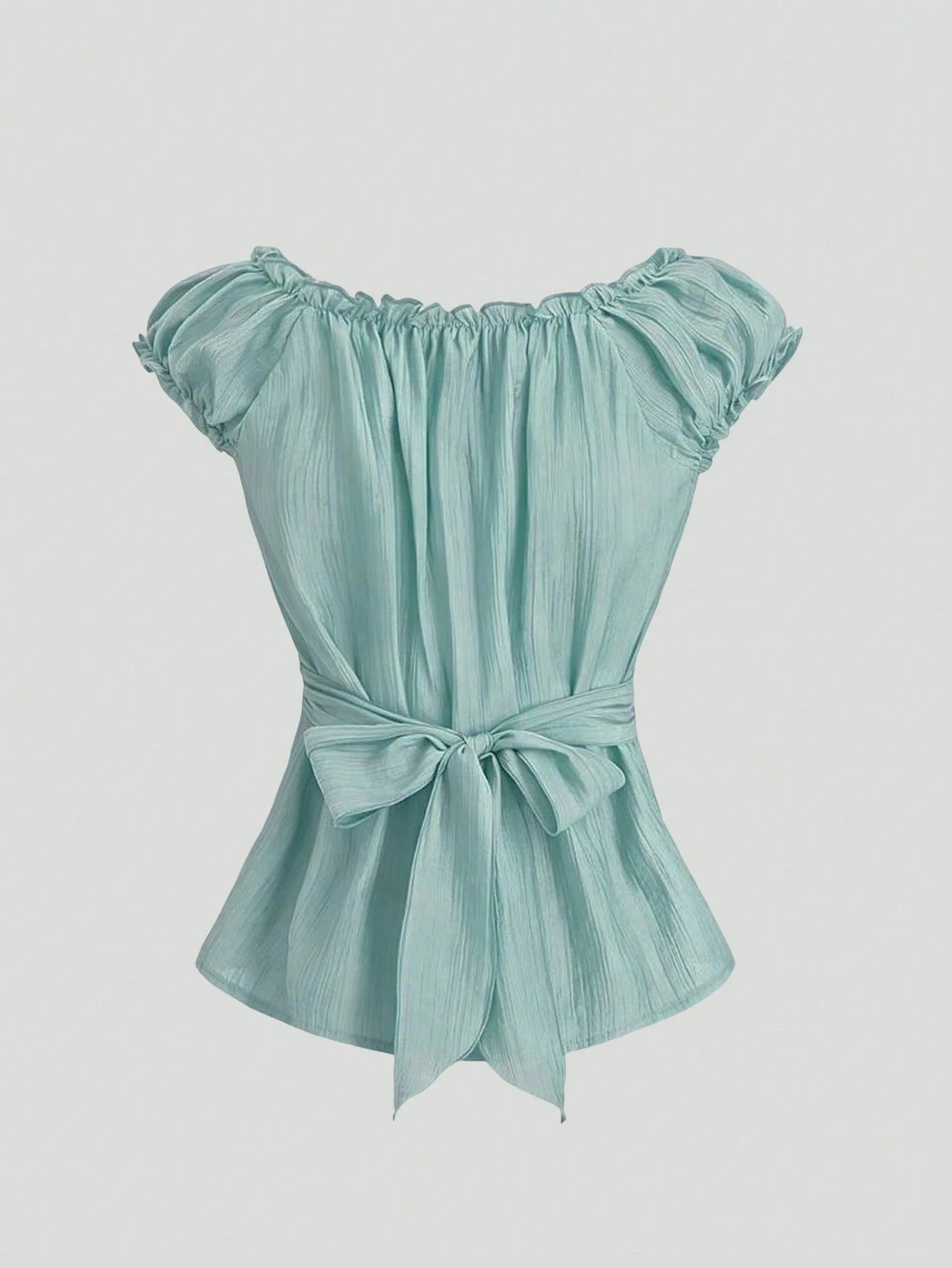 Sweetra Mint Green Women's Summer Boho Elegant Holiday Vacation Holiday French Retro Stripe Textured Ruffle Splice Wooden Button Petal Sleeve Short Shirt