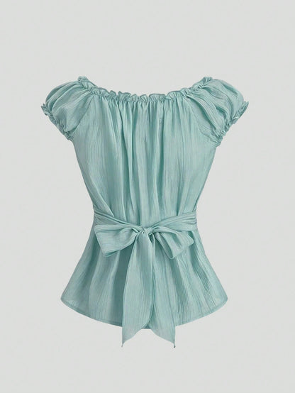 Sweetra Mint Green Women's Summer Boho Elegant Holiday Vacation Holiday French Retro Stripe Textured Ruffle Splice Wooden Button Petal Sleeve Short Shirt