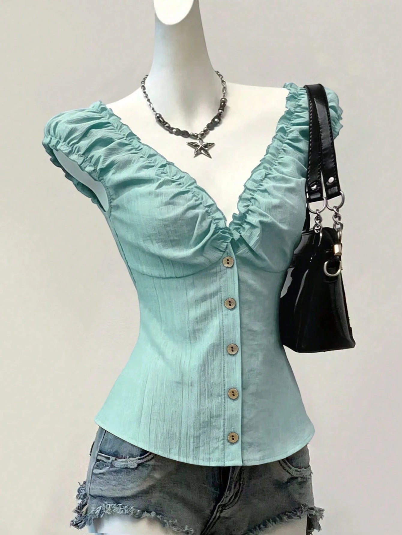 Sweetra Mint Green Women's Summer Boho Elegant Holiday Vacation Holiday French Retro Stripe Textured Ruffle Splice Wooden Button Petal Sleeve Short Shirt