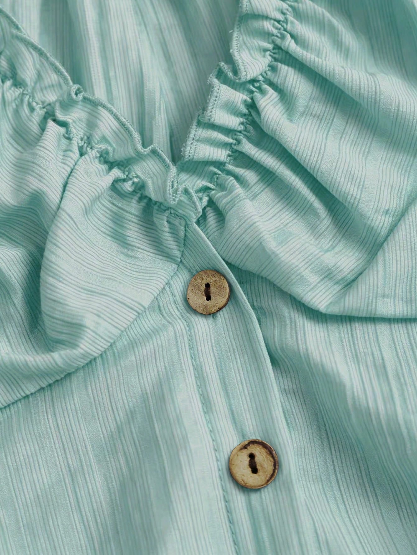 Sweetra Mint Green Women's Summer Boho Elegant Holiday Vacation Holiday French Retro Stripe Textured Ruffle Splice Wooden Button Petal Sleeve Short Shirt