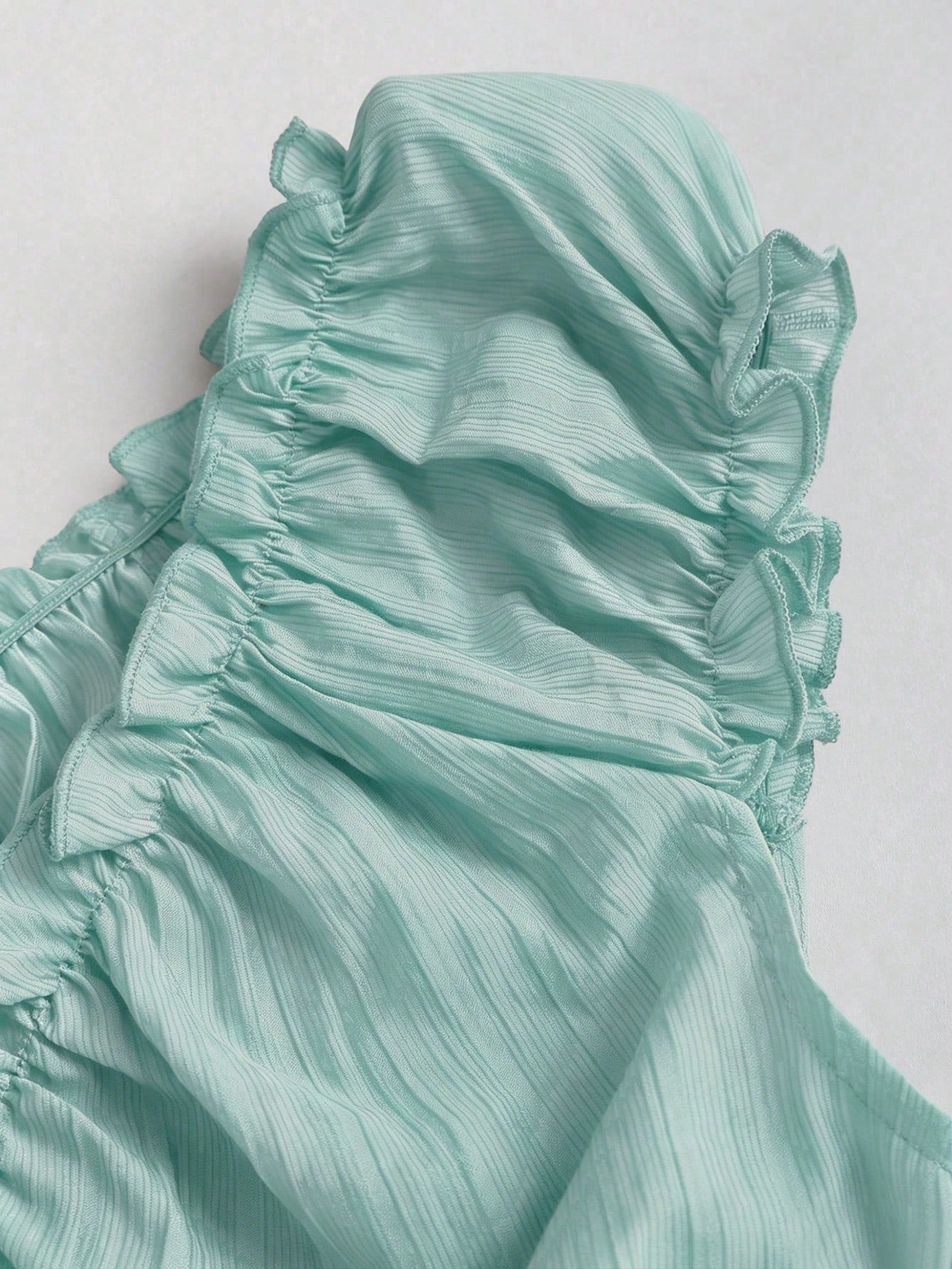 Sweetra Mint Green Women's Summer Boho Elegant Holiday Vacation Holiday French Retro Stripe Textured Ruffle Splice Wooden Button Petal Sleeve Short Shirt